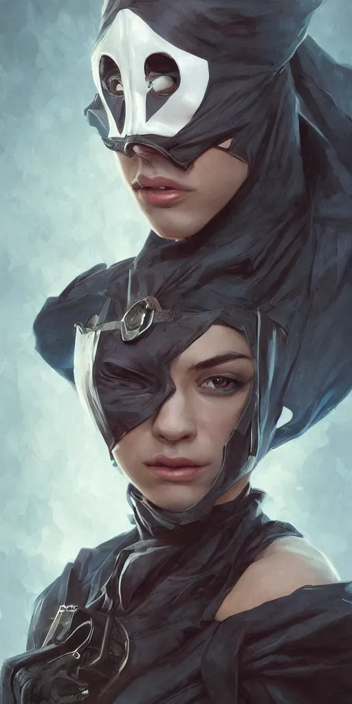 Prompt: portrait of one vigilante rogue thief, wearing domino mask, D&D, fantasy, highly detailed, beautiful face, realistic body structure, digital painting, artstation, smooth, sharp focus, illustration, art by artgerm and greg rutkowski and alphonse mucha