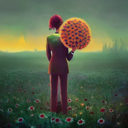 Image similar to giant daisy flower head, frontal, girl in a suit, surreal photography, sunrise, dramatic light, impressionist painting, digital painting, artstation, simon stalenhag