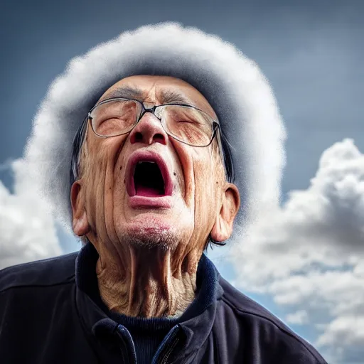 Prompt: portrait of an elderly man screaming at a cloud, ☁, canon eos r 3, f / 1. 4, iso 2 0 0, 1 / 1 6 0 s, 8 k, raw, unedited, symmetrical balance, wide angle