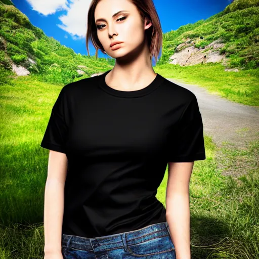 Prompt: clear photorealistic mockup product photograph of a blank black tshirt on an attractive female model in front of a nature background - h 7 0 4