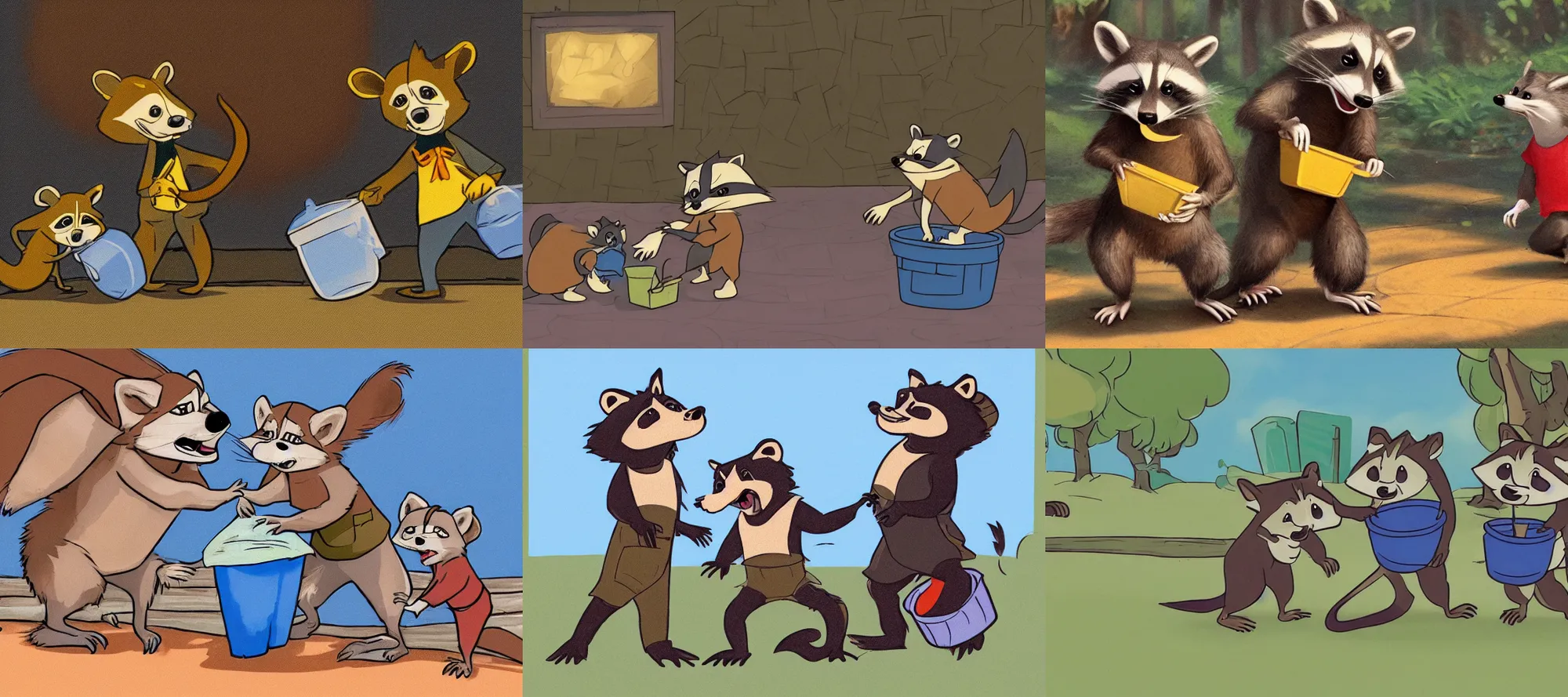 Prompt: a Disney illustration of two raccoons throwing trash at a rat, rule of thirds, cinematic, stylized