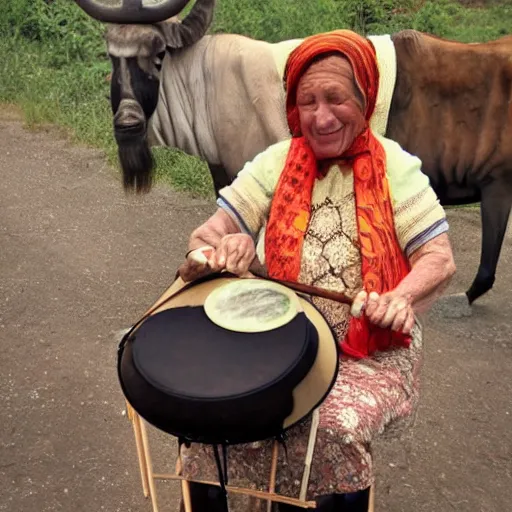 Image similar to a babushka playing drums while sitting on a wildebeest