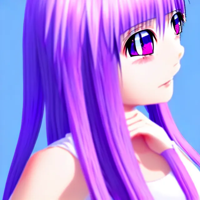 Image similar to a 3 d anime girl with lavender hair, purple eyes and white dress, profile photo, digital artwork, very beautiful face