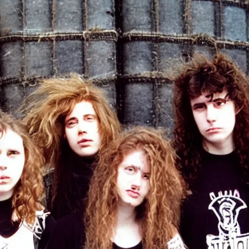 Prompt: group of 1 9 - year - old girls with shaggy wavy hair, wearing double denim, heavy metal band promo, doom metal band promo, stoner rock band promo, heavy rock band promo photo, 1 9 8 9 photo