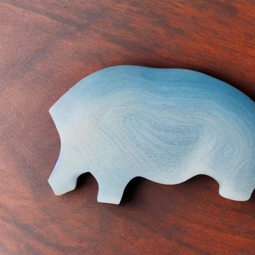 Prompt: a zoomed out studio product shot of a minimalist carved hippopotamus, carved from a glued block of 5 0 % cherry wood and 5 0 % blue resin, in profile, like a catalog photograph, mostly wood, with a smooth featureless minimalist look