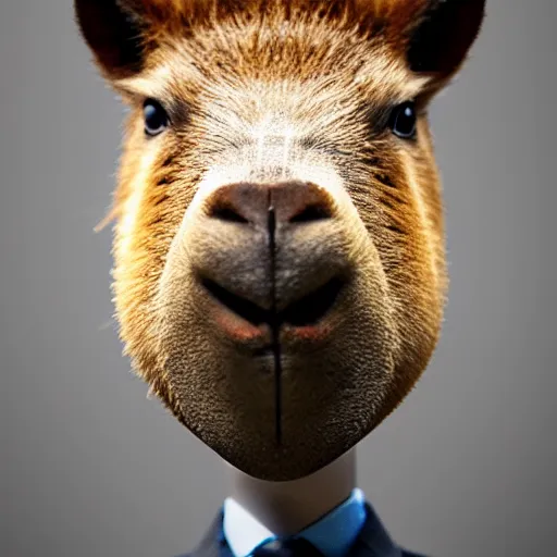 Image similar to capybara head, a man wearing a suit capybara head