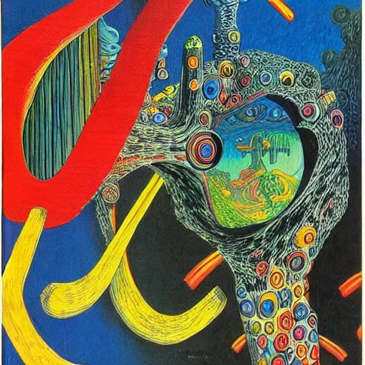 Image similar to empty black void, extremely detailed intricate colorful masterpiece by dr. seuss and max ernst