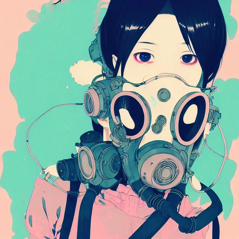 Prompt: singular girl with wearing gas mask, very anime!!! anime!! intricate details, aesthetically pleasing pastel colors, poster background, art by conrad roset and ilya kuvshinov