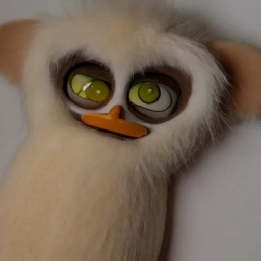 Prompt: photo of a long Furby with no fur and it's skin is raw chicken skin, from Eraserhead