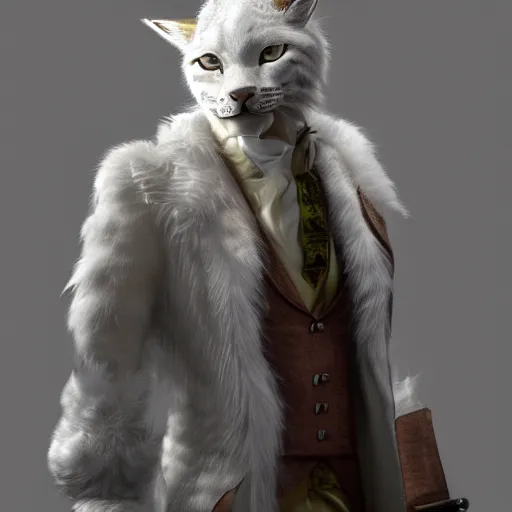 Image similar to white anthropomorphic lynx in victorian white man suit and white fur coat, lynx face, full body with cat paws by craig mullins and noriyoshi ohrai, unreal engine character, furry art, steampunk fantasy style, 4 k, trending on artstation