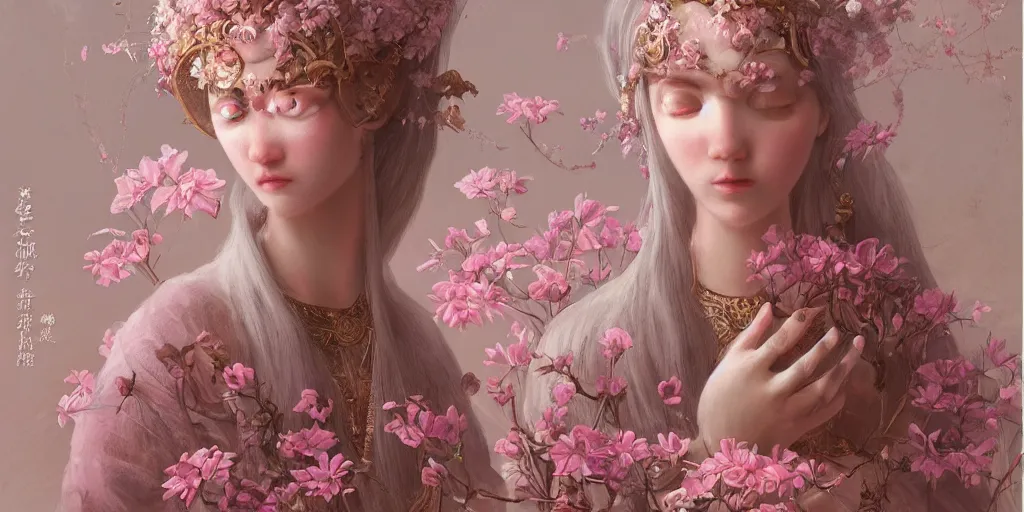 Image similar to breathtaking detailed weird concept art painting of few goddesses of light pink flowers, orthodox saint, with anxious, piercing eyes, ornate background, amalgamation of leaves and flowers, by Hsiao-Ron Cheng, extremely moody lighting, 8K