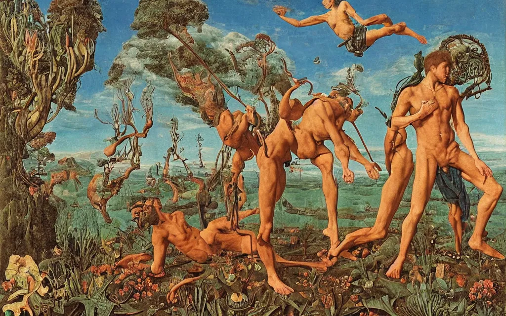 Image similar to a portrait photograph of a meditating satyr and a centaur monk riding a rocket machine and hunting at a river delta. surrounded by bulbous flowers and trees. mountain range under a blue sky of fiery stars. by jan van eyck, max ernst, ernst haeckel, ernst fuchs and artgerm, cgsociety, fashion editorial, 8 k