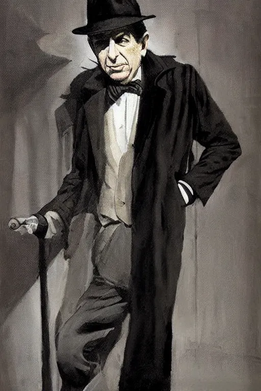 Prompt: “painting of leonard cohen as 1940s private eye, in trench coat and hat, noir atmosphere, by Robert McGinnis”