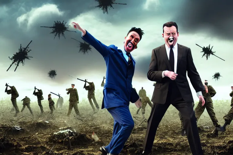 Image similar to one Comedian in suit and tie performing in a battle-field with dead bodies on the ground, comedian is funny, performing to dead soldiers, nuclear bomb in far horizon, apocalypse, trending on artstation, artstationHD, hyperdetailed matte painting, highly detailed, digital painting, hyper-realistic, realistic, photo-realistic