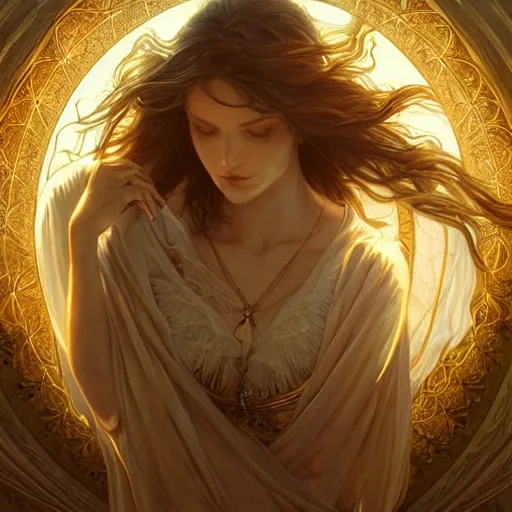 Image similar to Beautiful angel, fantasy magic, dramatic lighting, golden hour, close to night, intricate, elegant, sharp focus, illustration, highly detailed, digital painting, concept art, matte, art by WLOP and Artgerm and Greg Rutkowski and Alphonse Mucha, masterpiece