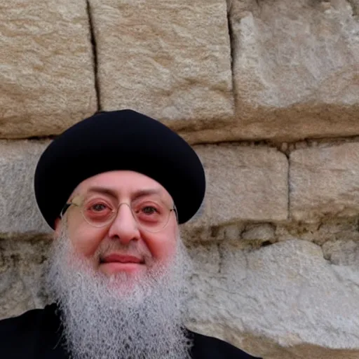 Prompt: photo realistic, selfie of the lubavitcher rebbe menachem shneerson at the kotel