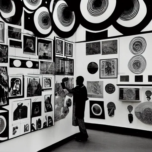 Prompt: A black and white photography printed in offset lithography of an exhibition space with works of Sun Ra, Marcel Duchamp and tropical plants, 60s, Modern Art