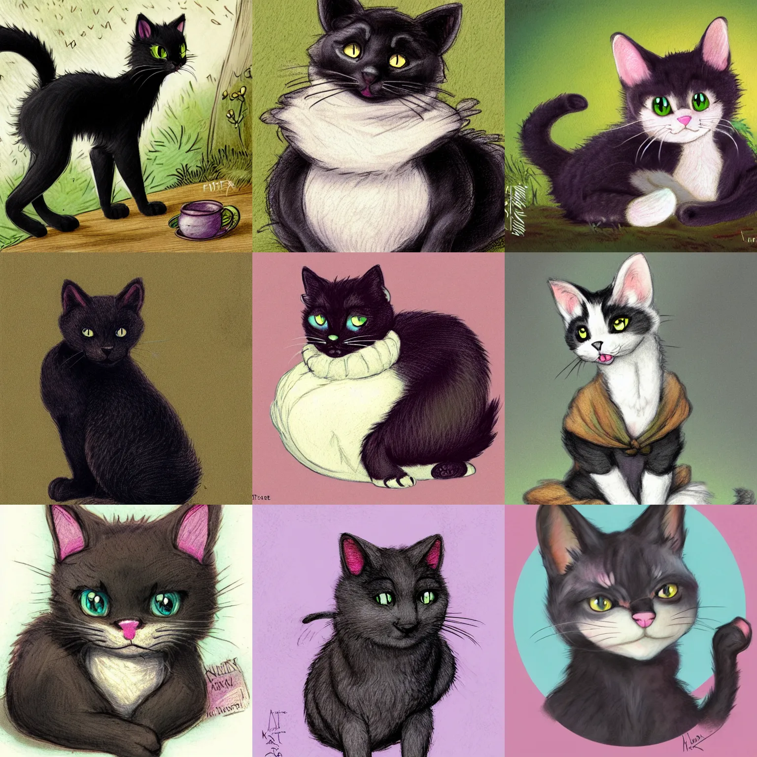 Prompt: cute black feral cat fursona adoptable, by henriette ronner - knip, by beatrix potter, by aaron miller, pastel colours, illustration, furaffinity
