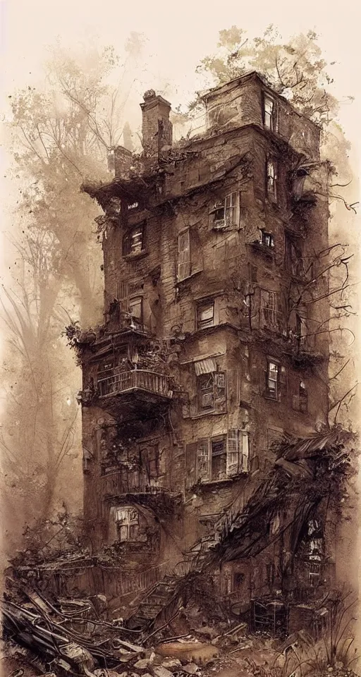 Prompt: (((((a ramshackle manhattan brick brownstone deep in the forest, completely overgrown))))) by Jean-Baptiste Monge!!!!!!!!!!!!!!!!!!!!!!!!!!!