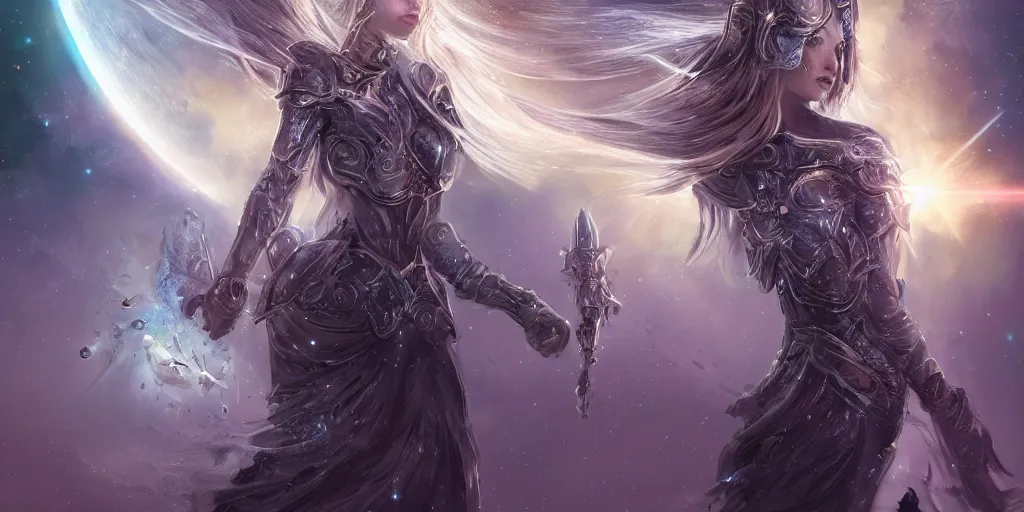 Image similar to portrait beautiful celestial castle, stellar space, ethereal, cosmic universe, majestic, interstellar, nebula, hyperreality, birds eye view, beautiful cyborg women, running into battle, epic fantasy character art, goddess of war, digital art, airbrush, exquisite detail, low angle, cinematic, intricate, epic, depth, artstation, unreal engine, 8 k, hd