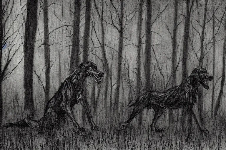 Prompt: mad creepy hellhound watching us in forest artwork by ben templesmith