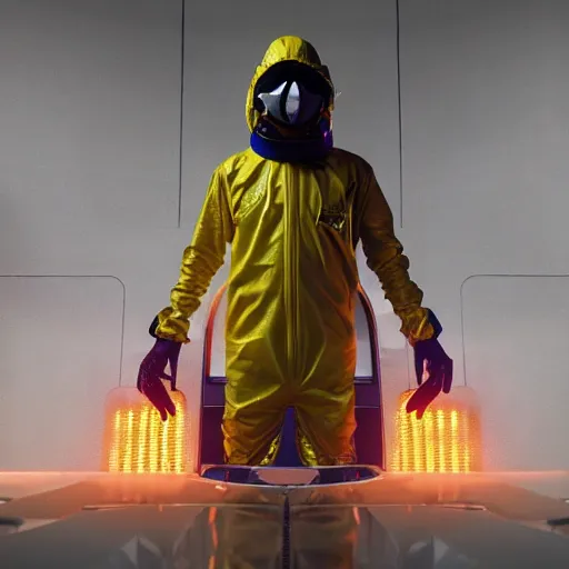 Image similar to hazmat suit wrestlemania, hyper realism, cinematic, volumetric lighting, epic composition, high detail, octane render, unreal engine, 8 k, concept art, 3 d render, datamosh, ray tracing, apocalyptic, intricate complexity, extremely detailed, very sharp,