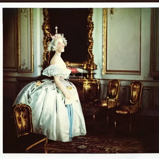 Image similar to a Polaroid of Marie Antoinette eating cake at the Versailles palace in 1792