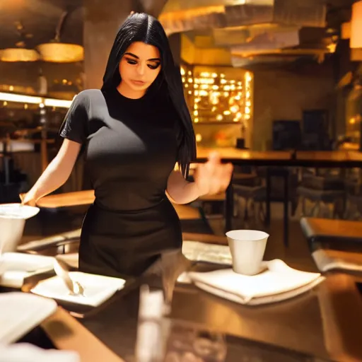 Image similar to kylie jenner working as a server in a poor restaurant, ultra detailed, dynamic light, photorealistic