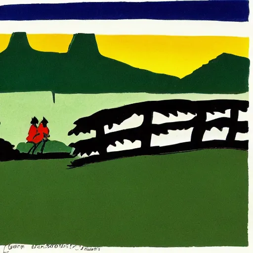 Image similar to a landscape and two silhouettes by tomi hungerer, illustration