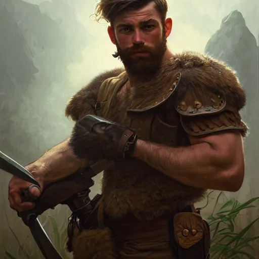 Image similar to portrait of a young rugged ranger, muscular, upper body, hairy thighs, D&D, fantasy, intricate, cinematic lighting, highly detailed, digital painting, artstation, concept art, smooth, sharp focus, illustration, art by Artgerm and Greg Rutkowski and Alphonse Mucha