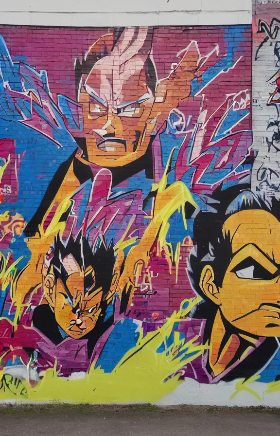 Prompt: a graffiti wall of super saiyajin freddy mercury