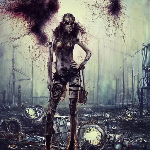 Image similar to serinda swan as an apocalyptic wasteland wanderer, steelpunk, abandoned steelworks, grime and grunge, in the style of adrian ghenie, esao andrews, jenny saville,, surrealism, dark art by james jean, takato yamamoto, kodak ektar