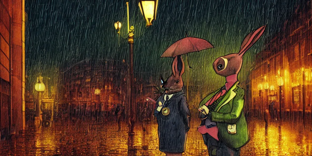 Image similar to a time traveling rabbit holding a pocket watch and an umbrella, rainy night, city lights, streetlights, digital art, sharp, 1 9 8 0 s style