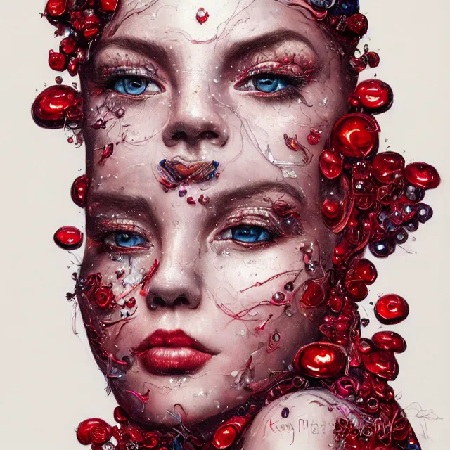 Image similar to studio portrait of absurdly beautiful, elegant, young hypercolorful woman made of rubies and red gems, ultrafine hyperrealistic detailed face illustration by kim jung gi, irakli nadar, intricate linework, sharp focus, bright colors, matte, octopath traveler, final fantasy, unreal engine highly rendered, global illumination, radiant light, intricate environment