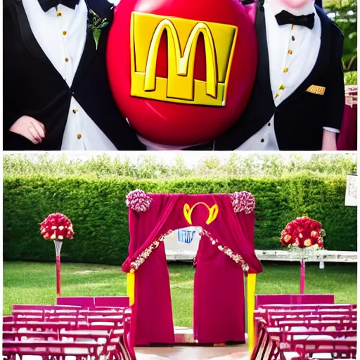 Prompt: mcdonald's themed wedding featuring grimace as the best man and ronald mcdonald as the officiant.