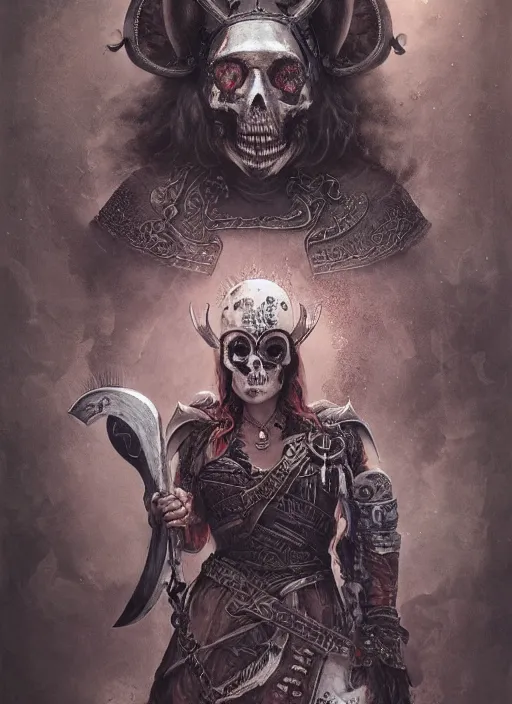 Image similar to Queen of Hearts wearing Viking War Helmet, Death Tarot card,highly detailed,half skull face,cinematic,8k,by Stanley Artgermm,Tom Bagshaw,Greg Rutkowski,Carne Griffiths, Ayami Kojima, Beksinski, Giger,trending on DeviantArt,hyper detailed,horror, full of colour