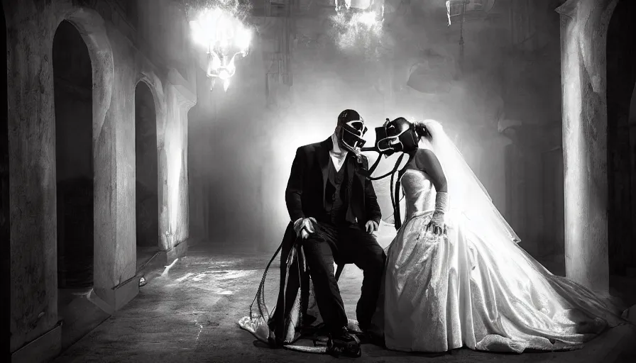 Image similar to disturbing big budget hollywood movie bride and groom wearing gas masks at the marriage of reason and squalor perfect composition dramatic lighting chiaroscuro