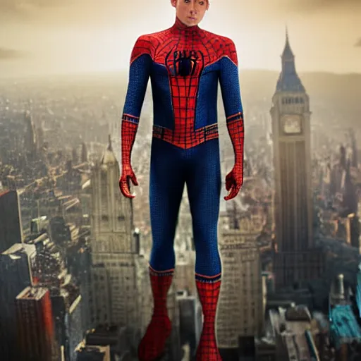 Image similar to hyperrealistic mixed media high resolution painting of Peter Parker as Spiderman , stunning 3d render inspired art by Jamie Salmon and István Sándorfi and Unreal Engine and Greg Rutkowski, perfection, dim volumetric lighting, 8k octane beautifully detailed render, full body shot, post-processing, extremely hyper-detailed, intricate, epic composition, highly detailed attributes, highly detailed atmosphere, cinematic lighting, masterpiece, trending on artstation, very very detailed, masterpiece, stunning, flawless completion, lifelike texture, perfection,