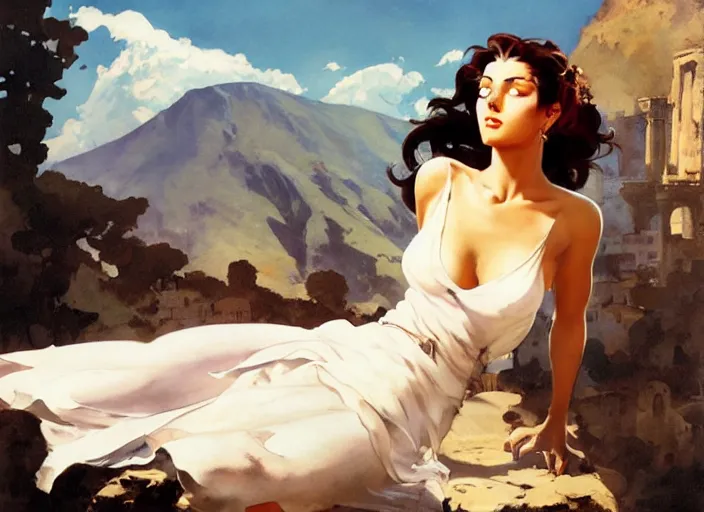 Image similar to beautiful painting of a beautiful woman with white linen with greece in the background by yoji shinkawa frank frazetta, charlie bowater, magali villeneuve, j. c. leyendecker,