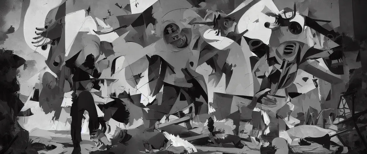 Prompt: a duotone comic noir illustration painting of guernica by picasso by sachin teng and sergey kolesov and ruan jia and heng z. graffiti art, sci fi, fantasy art, hyper detailed. octane render. trending on artstation