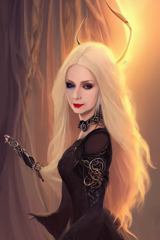 Image similar to portrait of a gorgeous female sorceress, looking at camera, D&D, choker on neck, stylish dark dress, arcane symbols, very long flowing blond hair, intricate, elegant, stylish, cute slightly nerdy smile, mouth slightly open, fantasy, extremely detailed, digital painting, artstation, concept art, smooth, sharp focus, illustration, stunning lighting, art by artgerm and greg rutkowski and alphonse mucha and simon stalenhag