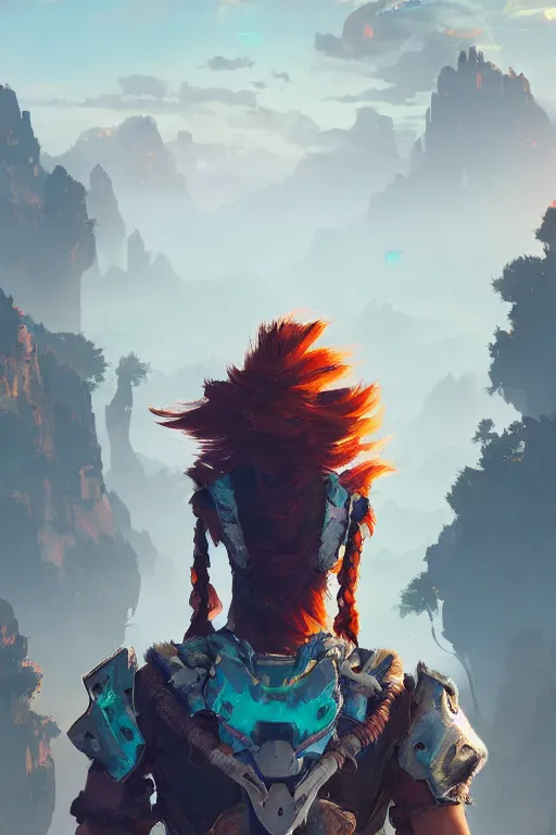 Image similar to combination suit armor aloy horizon forbidden west horizon zero dawn radiating a glowing aura global illumination ray tracing hdr fanart arstation by ian pesty and alena aenami artworks in 4 k tribal robot ninja mask helmet backpack