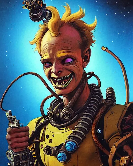 Prompt: junkrat from overwatch, slight smile, character portrait, portrait, close up, concept art, intricate details, highly detailed, vintage sci - fi poster, retro future, in the style of chris foss, rodger dean, moebius, michael whelan, and gustave dore