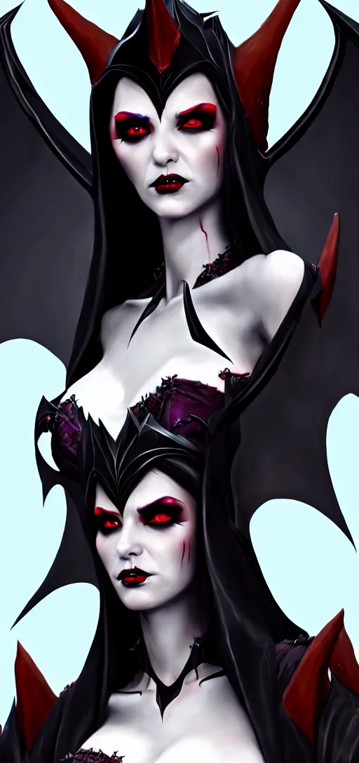 Image similar to close up painting a beautiful vampire queen in gothic robes with bat wings, elegant, highly detailed, artstation, blizzard concept art
