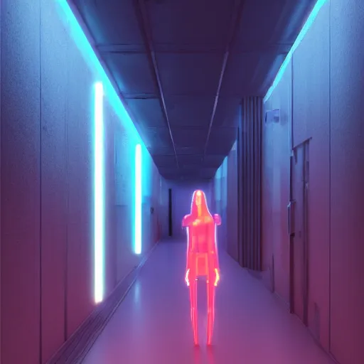 Image similar to a woman standing in a hallway with neon lights, cyberpunk art by beeple, cgsociety, retrofuturism, dystopian art, ominous vibe, futuristic