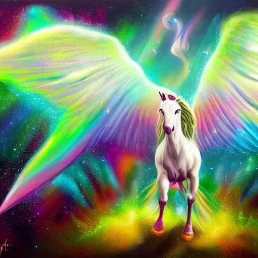 Prompt: an iridescent unicorn with translucent wings frolicking in a field of marijuana, a nebula is in the sky, oil painting, fantasy art, concept art, highly detailed, high quality, 8 k, masterpiece