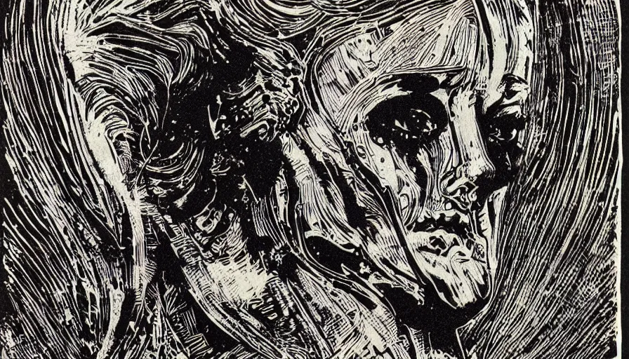 Image similar to linocut print of doutzen kroes by simon bisley, hr giger and beksinski, ink, detailed, clean lines