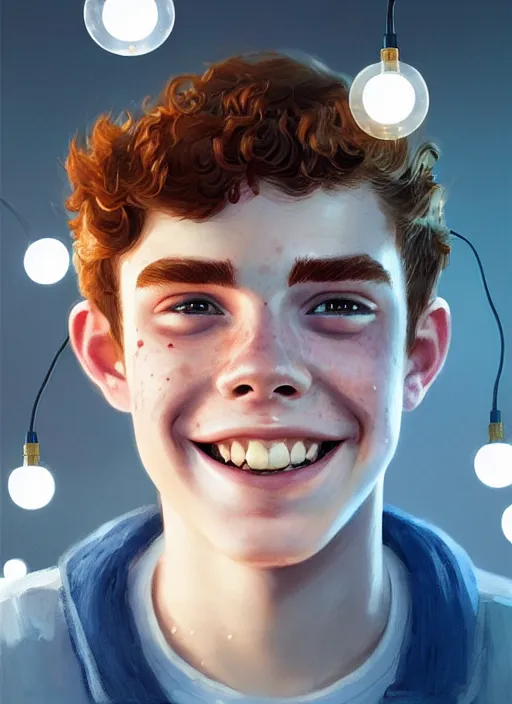 Image similar to portrait of teenage archie andrews, freckles, curly middle part haircut, curly hair, smiling kindly, intricate, elegant, glowing lights, highly detailed, digital painting, artstation, concept art, smooth, sharp focus, illustration, art by wlop, mars ravelo and greg rutkowski