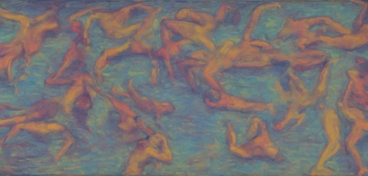 Prompt: painting of human bodies in the lake, abstracted observed, minimal indication, thick outlines, contented peaceful, medium saturation with trichromatic similar hues