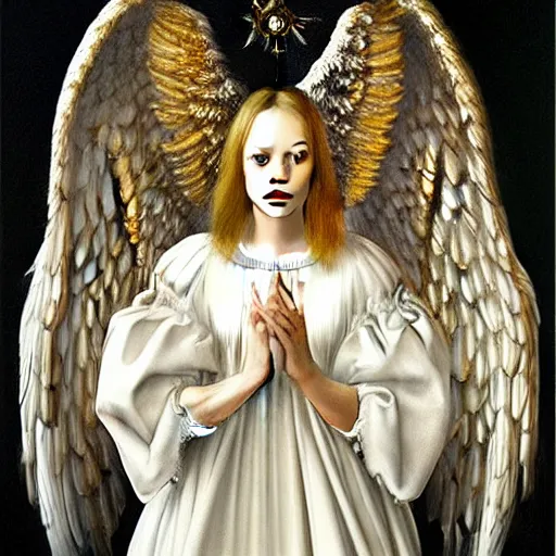 Image similar to highdetailed hyperrealistic painting of white angel!!! no gender smiling noface!!!, light instead of hands, white sparkles everywhere, 4 k hd face!!!, big silver high detailed wings!!!, renaissance, by jan van eyck, holography space, glow effect, large strokes, monochrome!!!!!